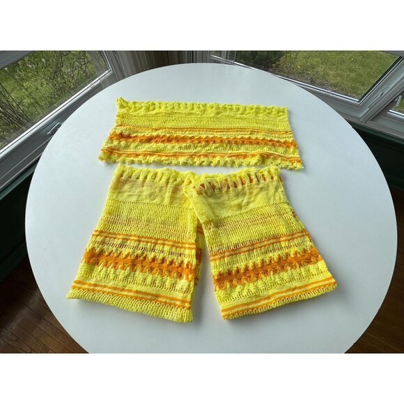 Vintage 70s cafe curtain, yellow orange embroidered, set 2 panels 1 valance - Picture 7 of 7